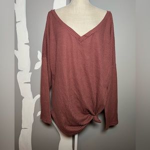 Lucky More Woman’s Casual Off the Shoulder V-Neck Waffle Knit Shirt Terracotta
